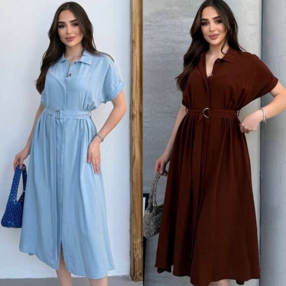Linen Mid Length Belted Dress Stylish & Chic Women's Size S, M, L, XL - Picture 1 of 2